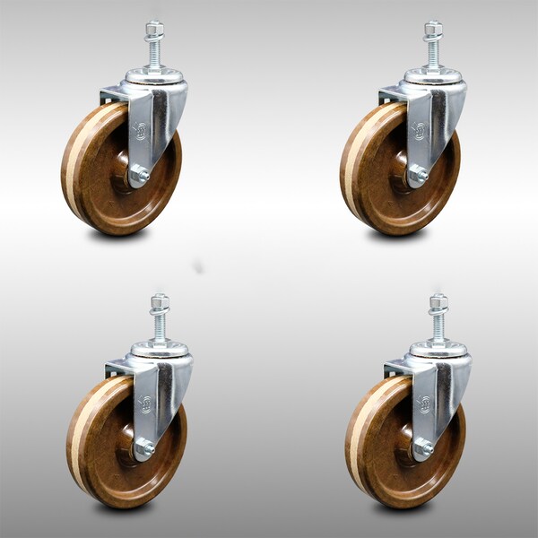 5 Inch SS High Temp Phenolic Wheel Swivel 3/8 Inch Threaded Stem Caster Set SCC